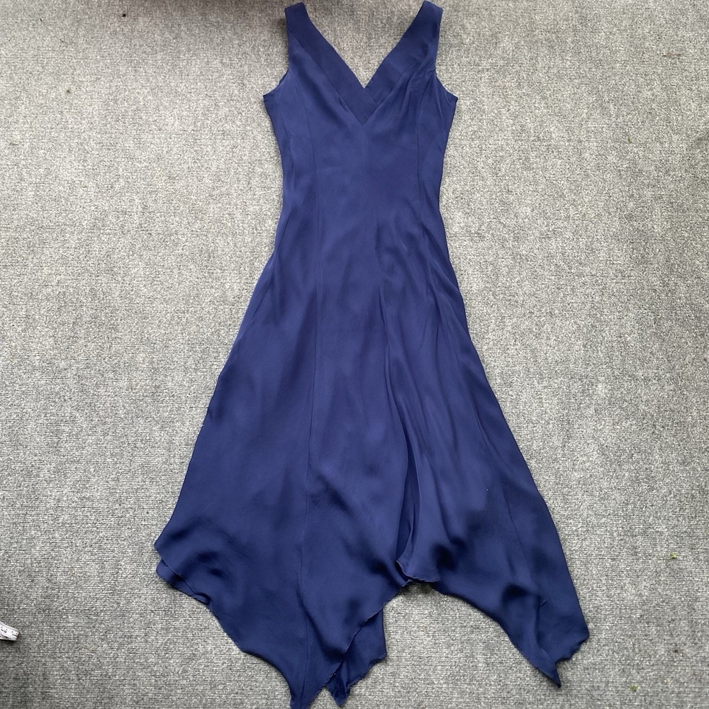 Vintage Ralph Lauren Silk Midi Slip Dress Size 12 Navy Blue Asymmetrical Flowing